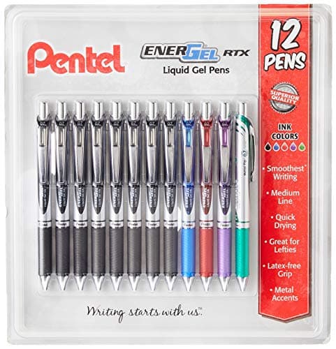 Pentel EnerGel RTX Retractable Liquid Gel Pen 07mm BlackBlueRedGreenViolet Ink 12 Pack BL77O12C