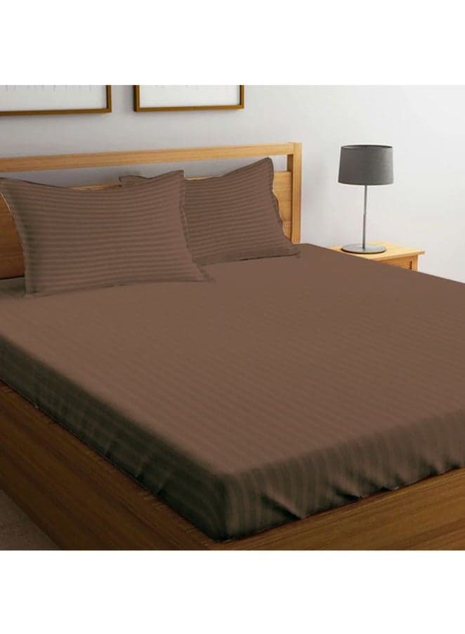 Tulip(Dark Brown) King Size Fitted Sheet with 1cm Satin Stripe (180x210+30Cm-Set of 1Pc) Cotton, Soft and Luxurious Hotel Quality Bed linen and Pillow Cover-300TC