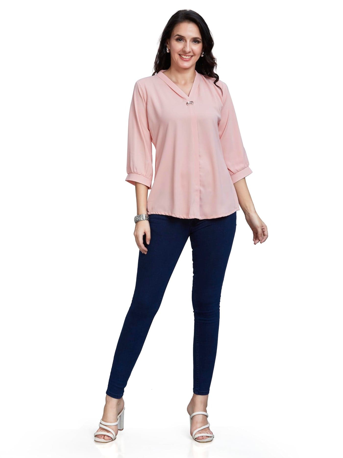 nioni Women’s Solid Tunic with Fashionable V-Fold Neck | Micro Pleated Rayon Kurti | Lycra Material | 3/4th Sleeve Short Kurta for Woman & Girl (Peach, L)