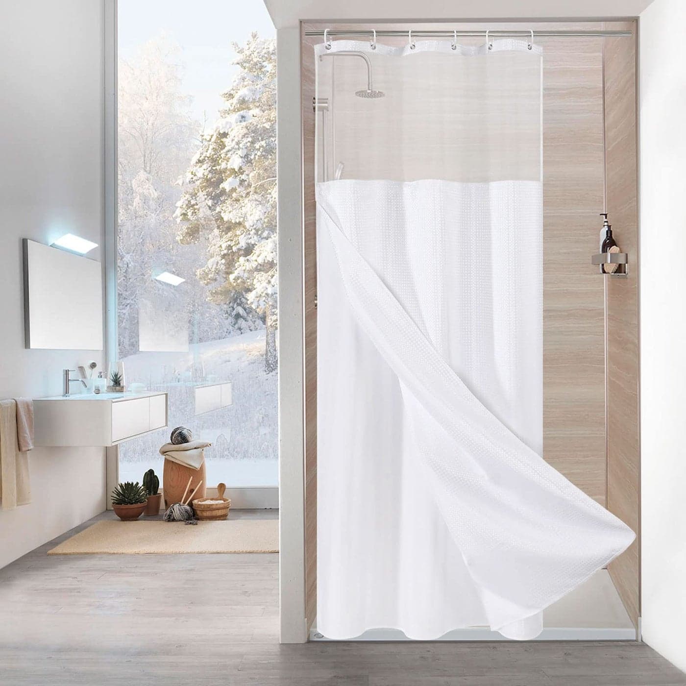 MitoVilla White Small Stall Shower Curtain 36 x 72 Narrow Half Size Waffle Weave Fabric Shower Curtain Set with WaterRepellent Snapin Liner for Modern Neutral Hotel Bathroom Decor