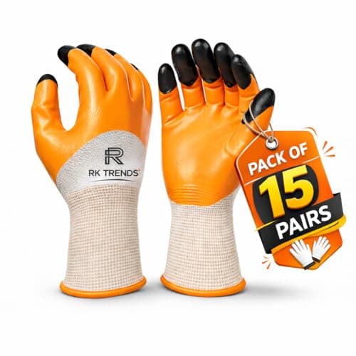 RK Trends Heavy Duty Work Gloves, Coated Gloves, Industrial and Home use, Multipurpose. (Orange-Black, Pack of 15 Pairs)