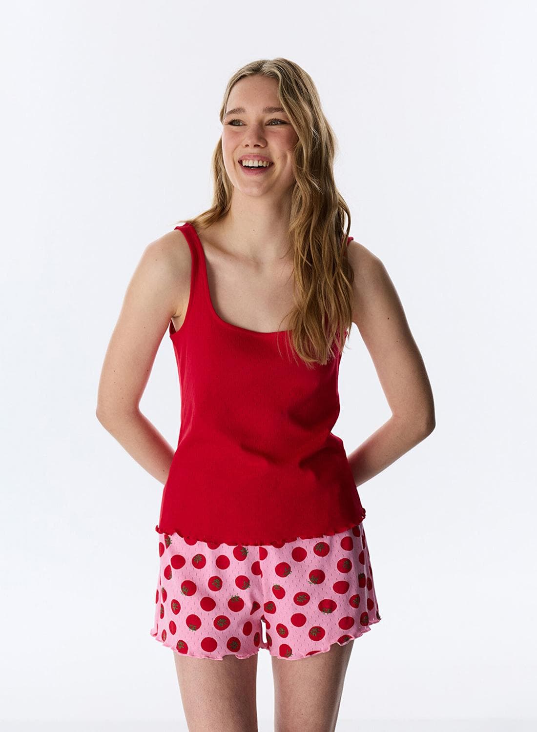 Women's Camille Pointel Sleeveless Tank & Shorts Cotton Set - Red