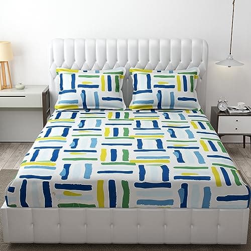 FRESH FROM LOOM Microfiber Rotary Printed Bed Sheet Set - King Size, Hypoallergenic, Wrinkle Free with 2 Pillow Covers (90 x 95 Inches | Multi Line, Lining Design), 144 TC