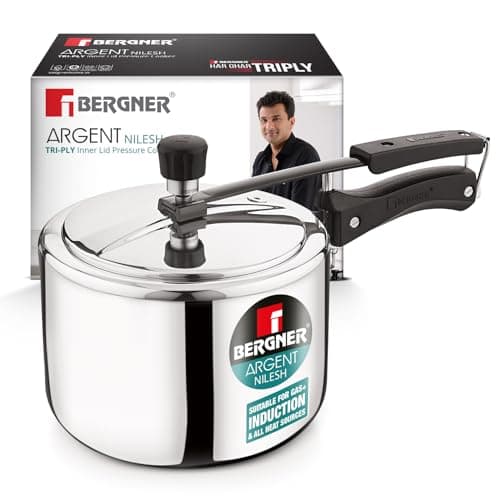 Bergner Argent TriPly Stainless Steel 2.5 Liters Inner Lid Pressure Cooker, Rivetless Technology, 2.5mm Body Thickness, Even Heating, Healthy Cooking, Durable - Induction Bottom and Gas Stove Ready