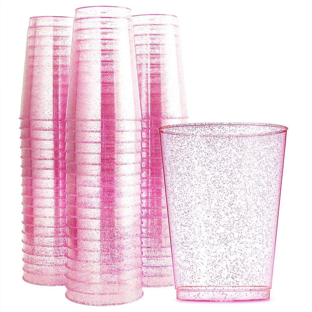 WDF 100pcs 12OZ Rose Gold CupsDisposable Rose Gold Premium Wedding Glitter Plastic Cups Perfect for Mothers DayParty