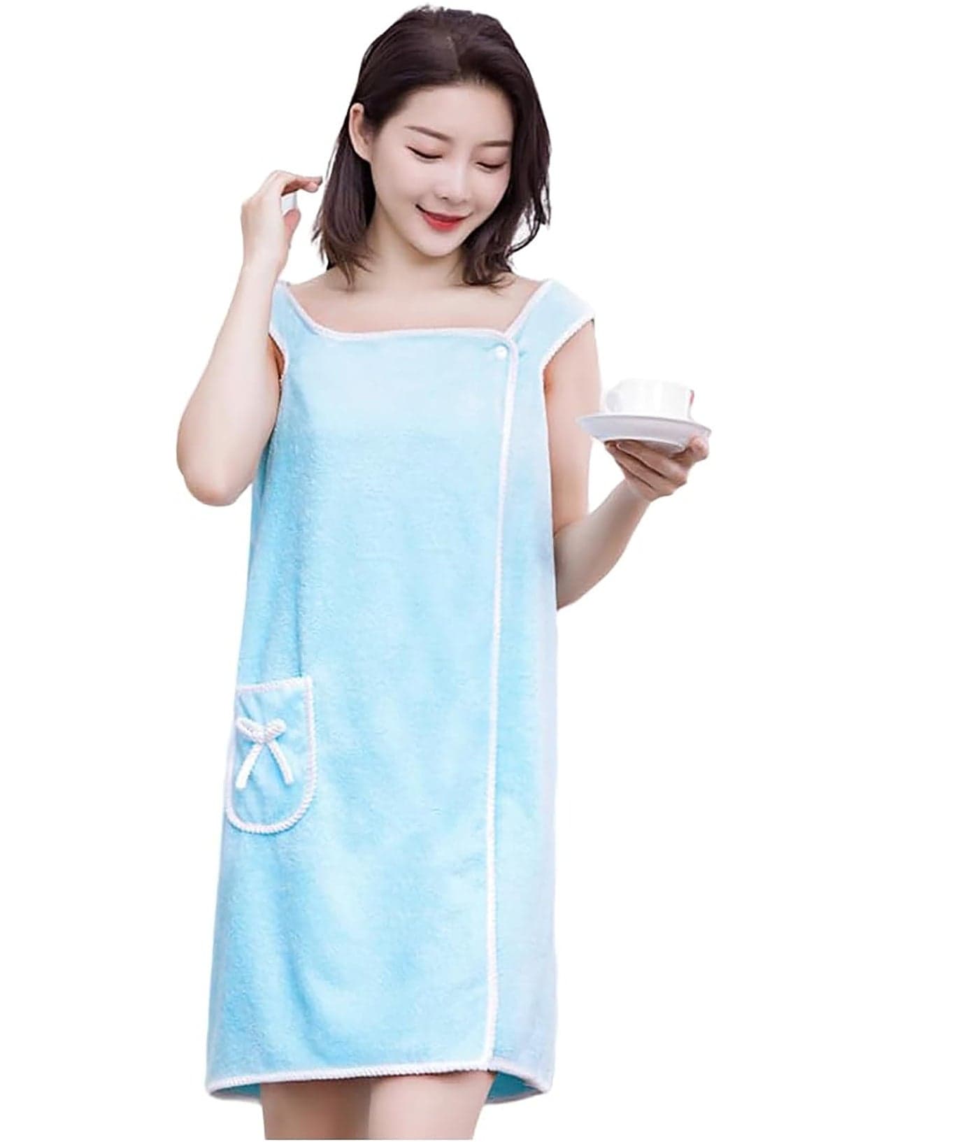 CLUZE Women Wearable Bath Towel Soft Cozy Spa Wraps with Snap Closure Off Shoulder Bathrobe Dress Microfiber- Sky