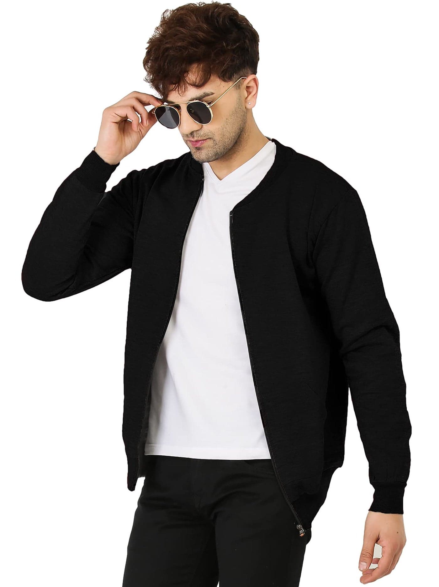 LEOTUDE Loop Knitted Men's Regular Fit Loopknit Solid Regular Length Bomber Jacket (Jkt02_Gry02Bl_P_Black_Large)