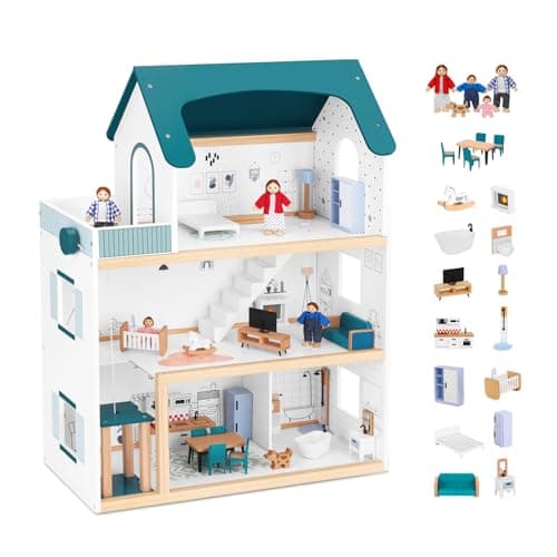 OOOK Wooden Dollhouse with Liftable Elevator 26 Feet High Modern Doll House for Kids Toddlers Including 21 Furniture Pieces 4 Family Dolls and 1 pet