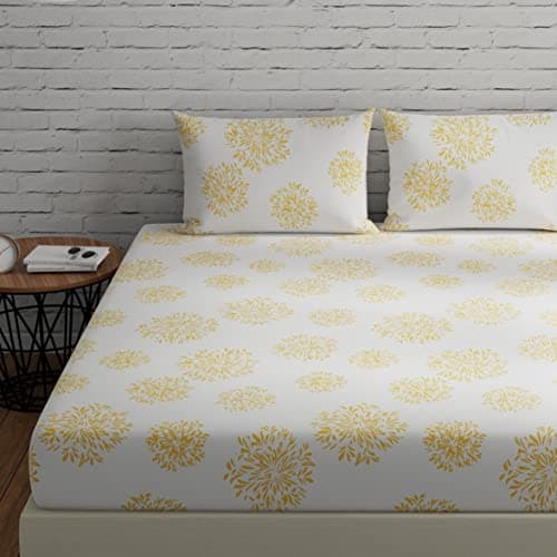 Huesland by Ahmedabad Cotton 144 TC Cotton Bed Sheets for Double Set Bed with 2 Pillow Covers - White (Yellow Print)