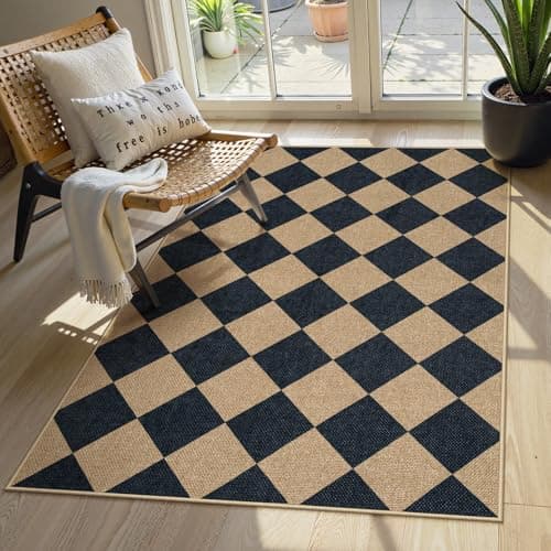 Lahome Checkered Easy Jute 3x5 Outdoor Patio Rug Washable Rugs for Entryway Diamond Indoor Outdoor Living Room Carpet Farmhouse Neutral Non Slip Black Door Carpet for Backyard Bedroom