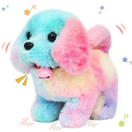Hopearl Walking Dog with Bell Interactive Electronic Pet Plush Toy Puppy Woof and Moving Animated Nodding Head Gifts for Toddlers Birthday Rainbow 7