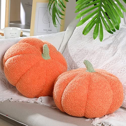 Queekay 2 Pcs Pumpkin Pillow Plush 11 x 9.5 Inch Thanksgiving Stuffed Pumpkin Decor for Fall Home Bedroom Throw Pillow Cushion Gifts for Holiday Operation Christmas Halloween Car Sofa(Orange)