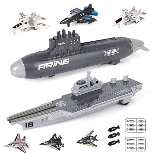 Crelloci Aircraft Carrier Military Naval Ship Toy Play Set with Small Scale Model Planes Fighter Jets Battleship and Supply Ship for Kids Boy Girl Age 5 Party Favors Gifts