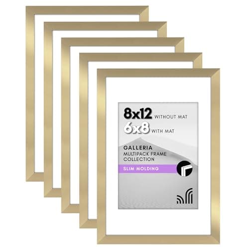 Americanflat 8x12 Picture Frame with Polished Plexiglass - Set of 5 - Use as 6x8 Frame with Mat or Display 8x12 Photo Without Mat - Galleria Collection - Picture Frames for Wall Display - Gold