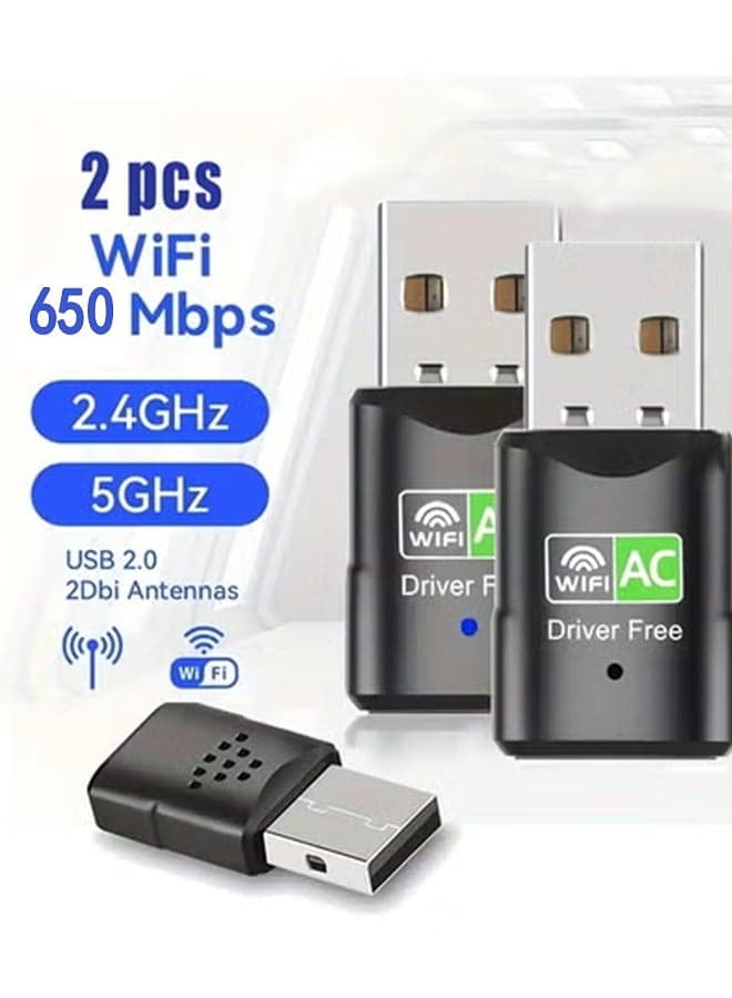 2PCS USB WiFi Bluetooth Adapter for Desktop PC 650Mbps Dual Band 2.4G Wireless WiFi Adapter for PC, Laptop, Compatible with XP/Win7/8/8.1/10/11 System