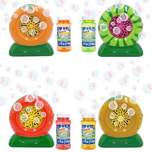 Mini Fruit Bubble Blowers with 4oz Scented Bubble Solution Bubble Makers for Kids Battery Operated Bubble Machines Strawberry Watermelon Orange Pineapple Receive One Style at Random