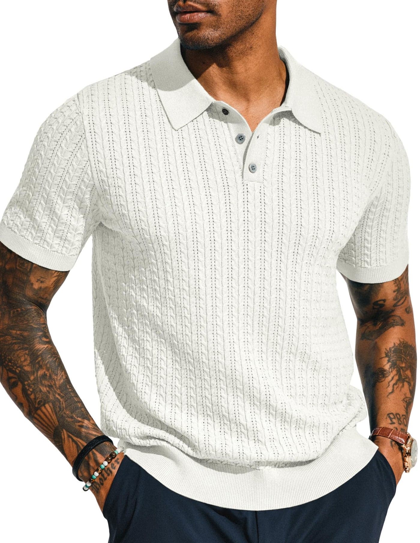 PJ PAUL JONES Knitted Polo Shirt for Men Casual Short Sleeve Knit Shirt Fashion Hollow Out Polo Shirts White