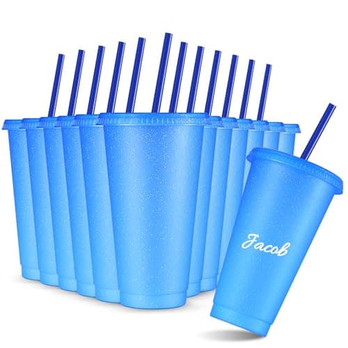 Amyhill 12 Pcs Reusable Glitter Cups with Lids and Straws 24 oz Plastic Tumbler Iced Coffee Cup Travel Mug for Smoothie Juice Sleepover Wedding Graduation Party Supplies Girl(Blue)