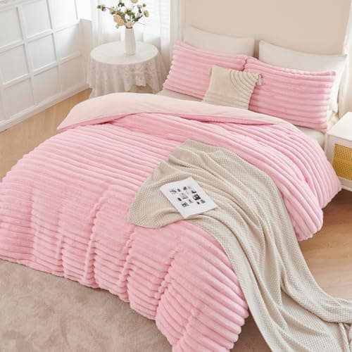 ANGIYUIN Pink Fluffy Duvet Cover Set Twin Size 3 Pieces Plush Shaggy Faux Fur Bedding Cover Set for Girls Kids Teens Furry Comforter Cover Set(Pink Twin)
