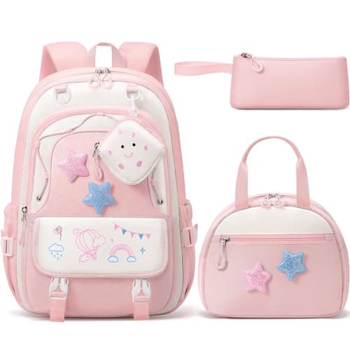 Fimibuke Kids Backpack for Girls, 4 PCS Waterproof Teen Girls Backpack with Lunch Box, Pencil Case & Headphone Bag Set, Cute Kids Bookbag Travel School Bag for Elementary Middle High School Student