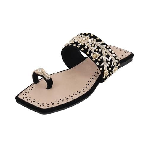 Mochi Women Black Ethnic Flat Chappal UK/3 EU/36 (35-790)