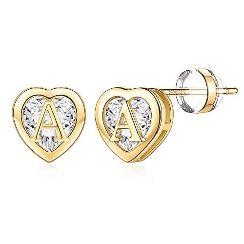IEFWELL Christmas Gifts for Girls Kids - Stud Earrings Heart Initial A Letter Stud Earring, CZ Hypoallergenic Earring for Piercing Gifts for Women Trendy Jewelry, Gift for Teenage Girl