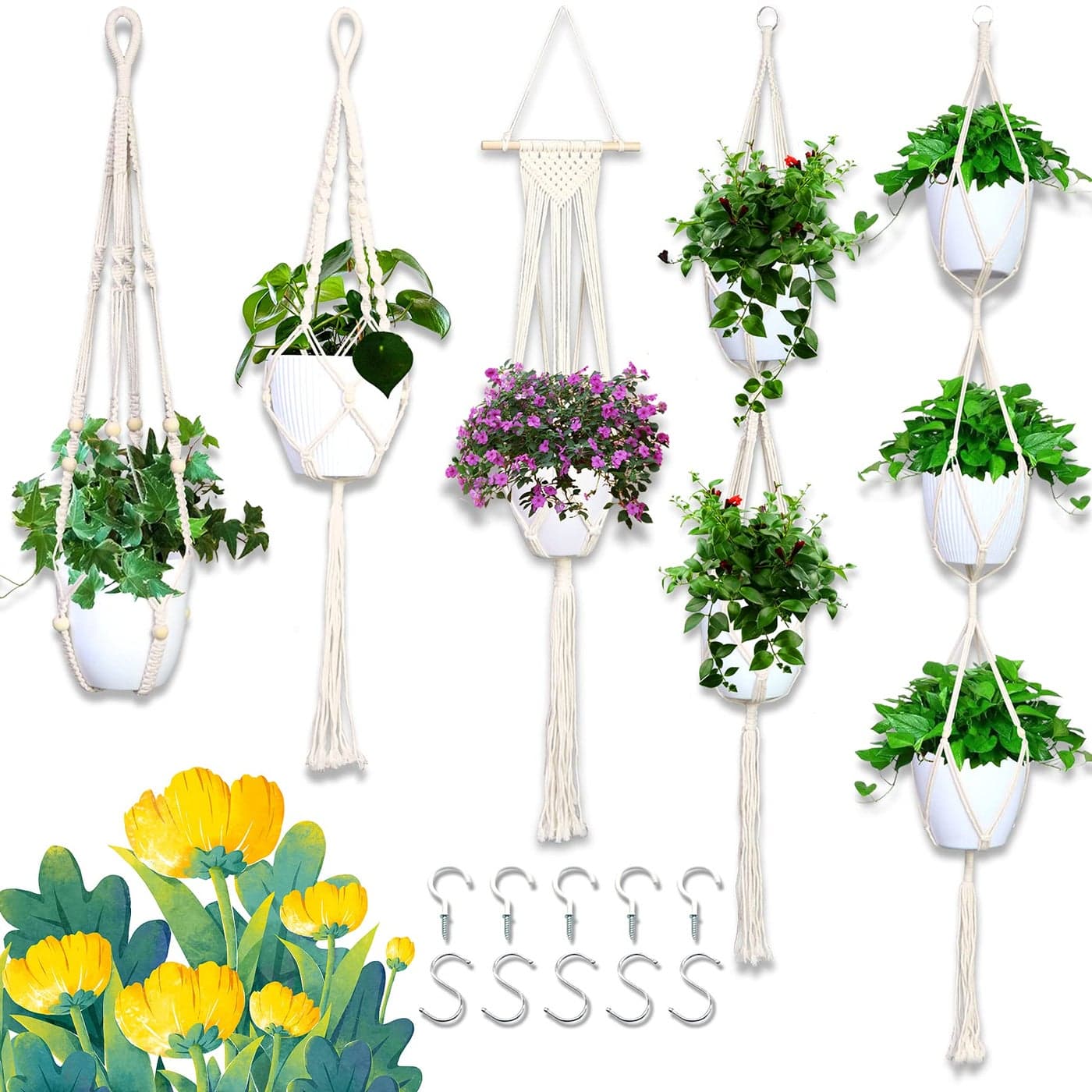 IGaiety Macrame Plant Hanger 5 Pcs Indoor Outdoor Hanging Plant Holders Handmade Plant Hangers Cotton Rope Planters with 5 Pcs Ceiling and S Hooks for Small Plants Pots Boho Home Decor