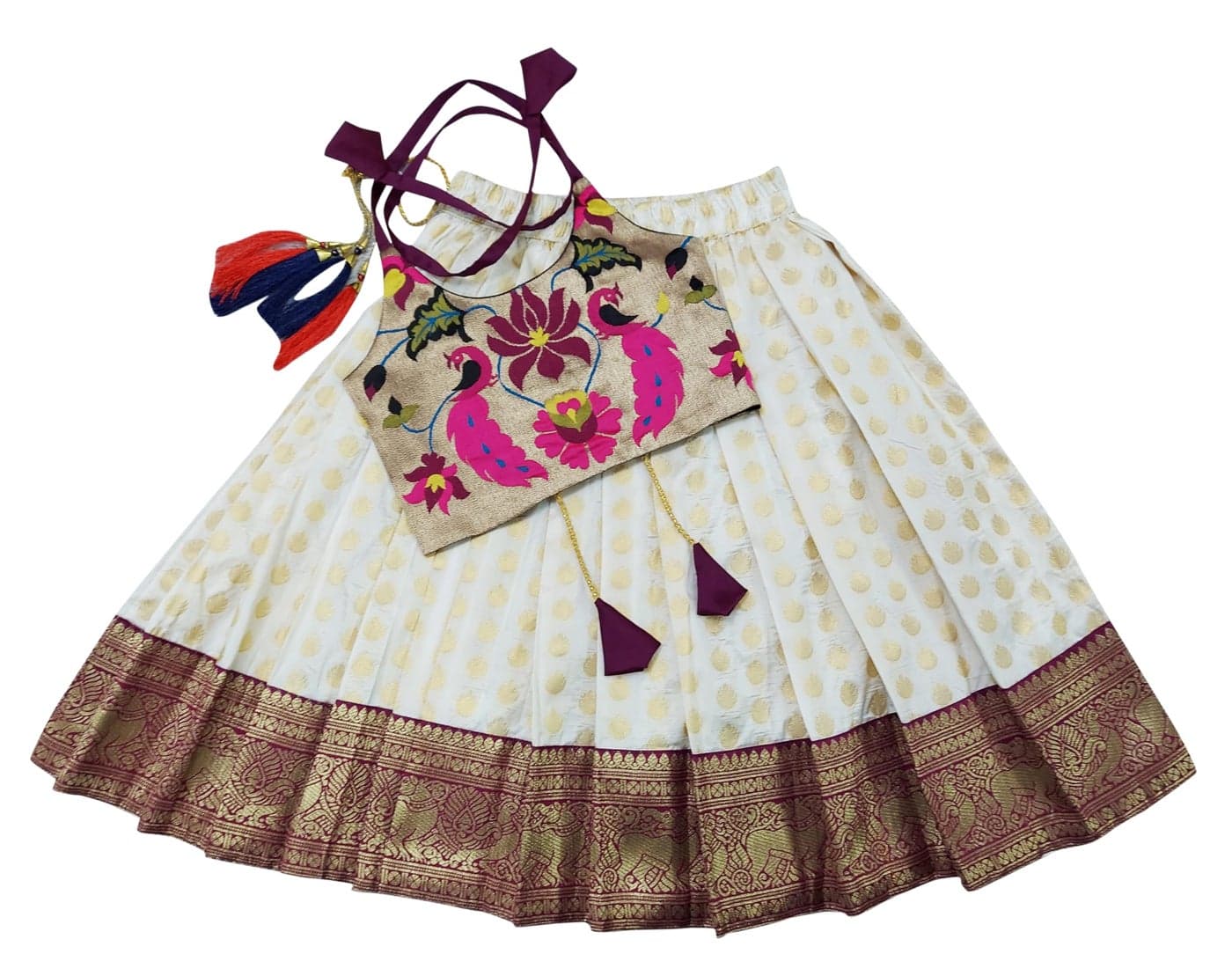 COMRATE Kids South Indian Traditional Purple Pattu Pavadai Jacquard Silk Lehenga Choli Dress For Baby Girls 2-3 Years | Finish Type: Readymade