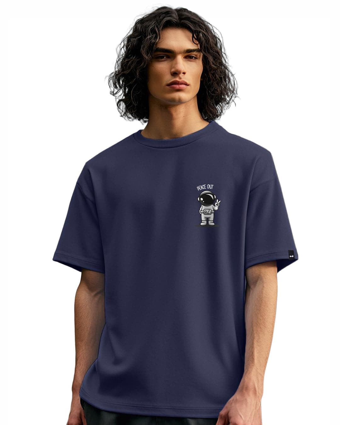 Bewakoof Men's Peace Out Astronaut Graphic Printed 100% Cotton T-Shirt - Oversized Fit, Round Neck, Half Sleeves Blue