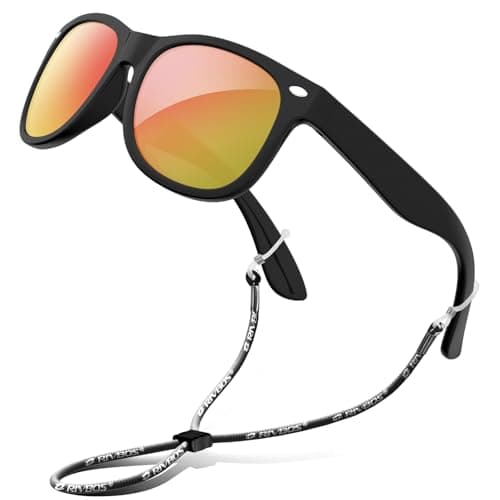 RIVBOS Kids Sunglasses Boys with Strap Polarized Rubber Flexible Shades for Toddler and Children Age 3-10 RBK004-2 Black Ice Red Lens