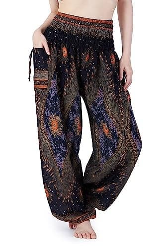 Lannaclothesdesign Women's Smocked Waist Boho Flowy Yoga Harem Pants Hippie Clothes (L, Black)
