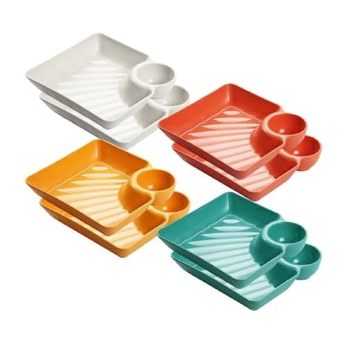 KASQUE® Pasta Plate Dumpling Serving Plate with Sauce Compartment Plastic Plate Nachos, Momos, French Fries, Chips Snacks Dish,18.3 x 17 x 3.5 cm, Multicolor, Pack of 8