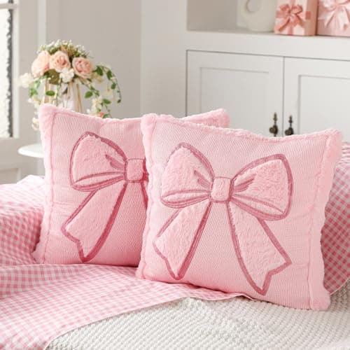 Gilprop Pink Bow Pillow Covers 18x18 Set of 2 Embroidered Coquette Preppy Room Decor Decorative Cute Faux Fur Soft Bowknot Aesthetic Pillow Cover Valentines Pillowcase for Bed Couch Dormitories Decor