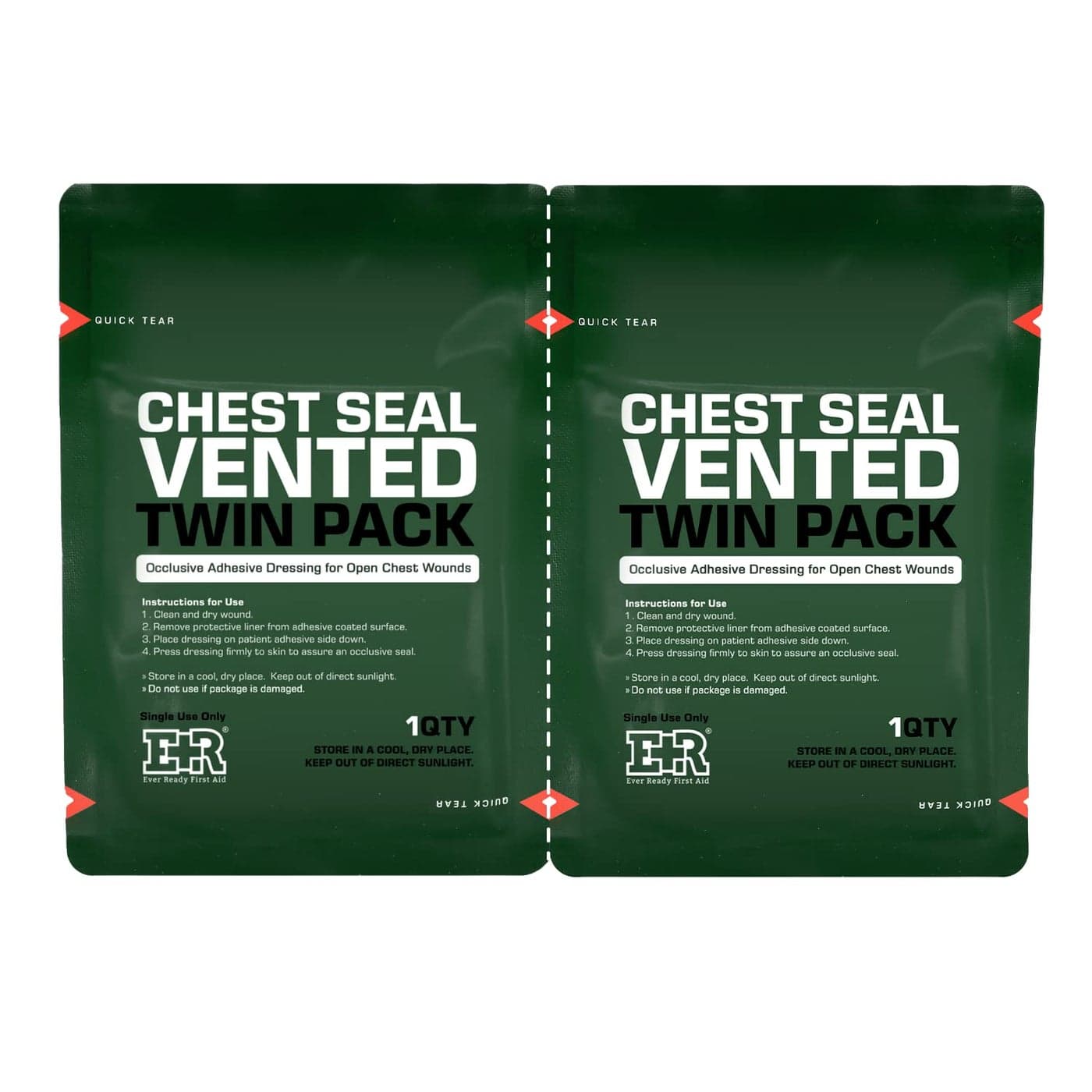 Ever Ready First Aid Vented Chest Seal with Quick Tear Twin Pack 66 Square Occlusive Adhesive Dressing for Open Chest Wounds