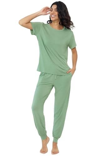 Joyaria Jogger Pajama Set for Women Bamboo Viscose Cooling Soft Short Sleeve Nightwear PJ Pant Sleep Set Sage Green