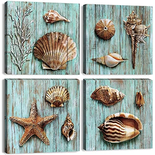 Rustic Beach Wall Art Nautical Bathroom Decor Coastal Seashell Poster Farmhouse Teal Blue Ocean Conch Shell Canvas Prints Beachy Starfish Pictures for Living Room Bedroom Home Decorations 12x12" 4 Pcs
