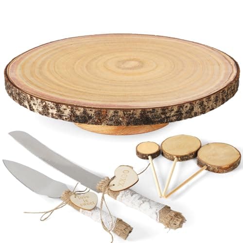 12” Wood Cake Stand with Wooden Slice Cake Topper and Cake Cutting Set, Suitable for Wedding Receptions or Any Special Events