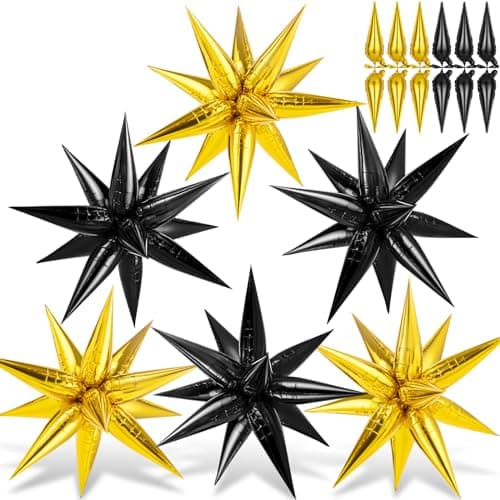 Gold Black Star Balloons 72 Pcs 26 Inch Explosion Foil Cone Balloons 12 Point Large Spike Balloon for New Year Birthday Graduation Wedding Backdrop Party Decoration
