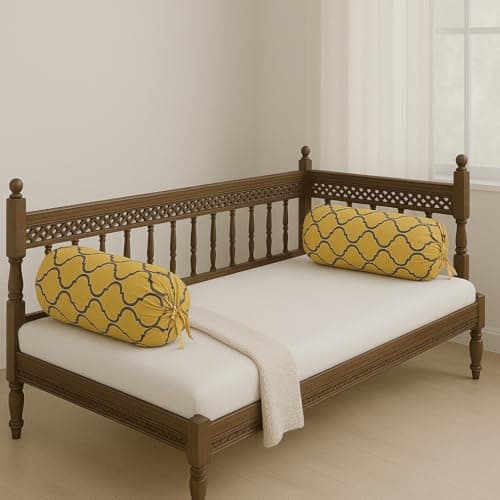 Trance Home Linen 100% Cotton Bolster Cover Set | 16x32 Inches | 200 Tc Dewan Round Pillow Covers Only | Bed Side Long Pillow Case|Soft and Comes with Adjustable tie(Dori Mustard Yellow-Pack of 2)