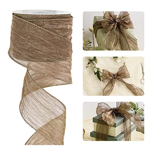 HUIHUANG Copper Brown Wired Ribbon 212 Shiny Crinkle Wire Edged Metallic Ribbon for Wedding Holiday Wreaths Craft Basket Bows Making Home Decor Gift Wrapping Christmas Tree Top Bows 10 Yards