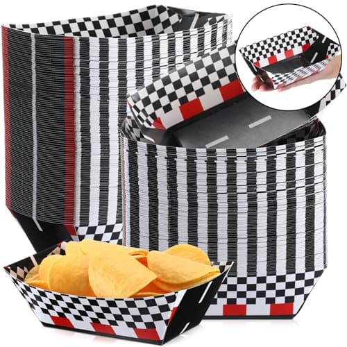 Havawish 100 Pcs Racing Paper Food Trays Checkered Nacho Trays Disposable Racing Party Food Boat Black and White Plaid Food Serving Tray for Racing Theme Party Birthday Baby Shower Popcorn Snack