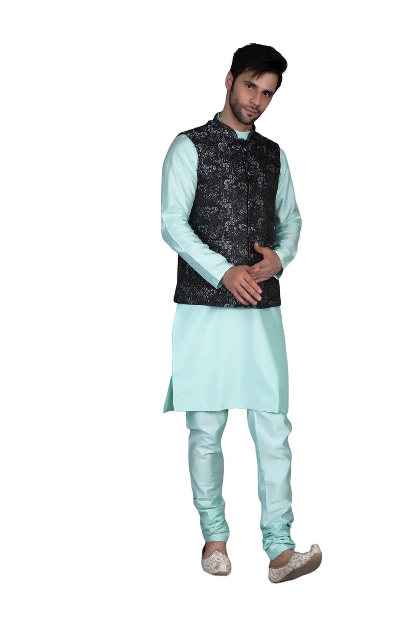 Ethluxis Men's Silk Blend Kurta Churidar Pyjama with Ethnic Bundi Jacket Set (42, Sea Green/Black)