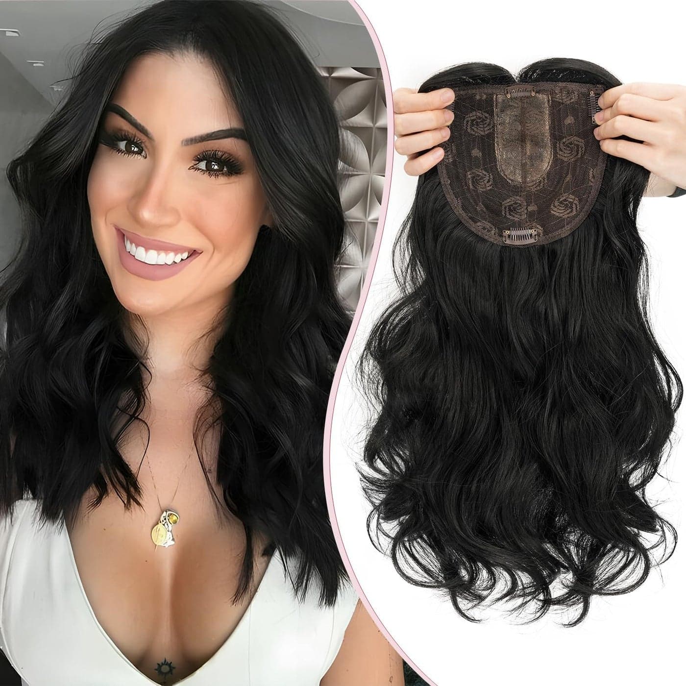 Snoilite Hair Toppers for Women 18 inch Synthetic Hair Pieces Lace Base Toppers 4 Clips in Wiglets Fringe for Ladies with Thinning Hair Loss Hair Extensions WigsCurly Wavy Dark Black