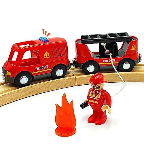 Magnetic Trains Cars Set Wooden Train Track Accessories Fire Truck Train Set for Toddlers 35 Wooden Train Sets for Boys Ages 347 Fire Truck B with Light and Sound