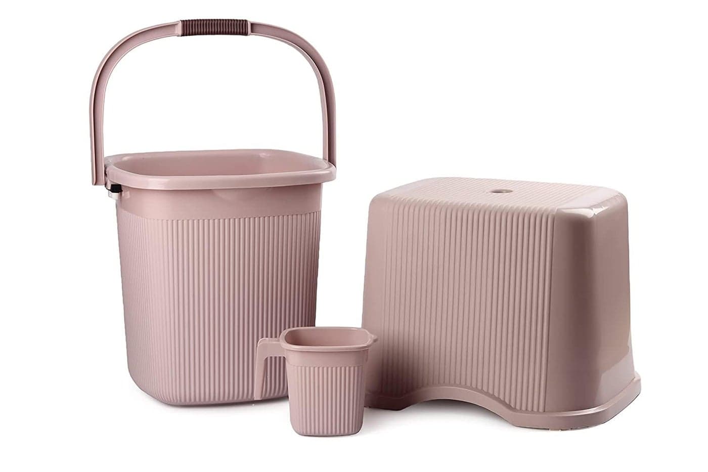 Nayasa Rimmy Strong Plastic Bucket, Mug and Stool Set (3pc Set)| Bathroom Set | (Light Brown, 25 Liter bucket, 1.5ltr Mug, a Stool)