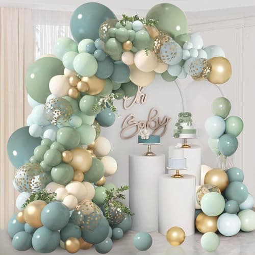 Dusty Blue Sage Green Balloon Arch Kit Pastel Blue Green Sand White Gold Confetti Balloons Garland Kit for Wedding Bridal Boho Birthday Party Backdrop Decorations