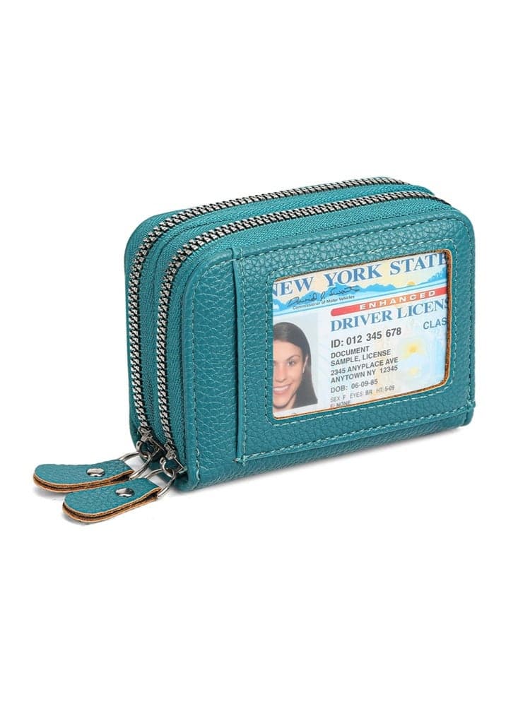 Credit Card Holder Wallet RFID Blocking Leather Small Wallet for Women Double Zipper Wallet with ID Window, Card Pack, Zero Wallet, Small, Classic(Lake Blue)