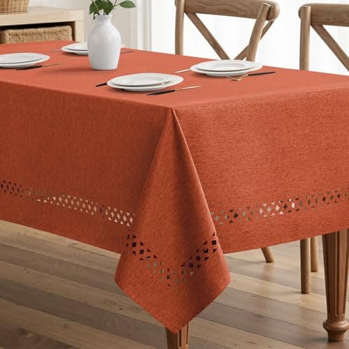 MIULEE Burnt Orange Rectangle Linen Polyester Fall Thanksgiving Tablecloth with Decorative Cutouts Waterproof Stain Resistant Table Cloth 52x70 inch Farmhouse Style for Dining Wedding Party
