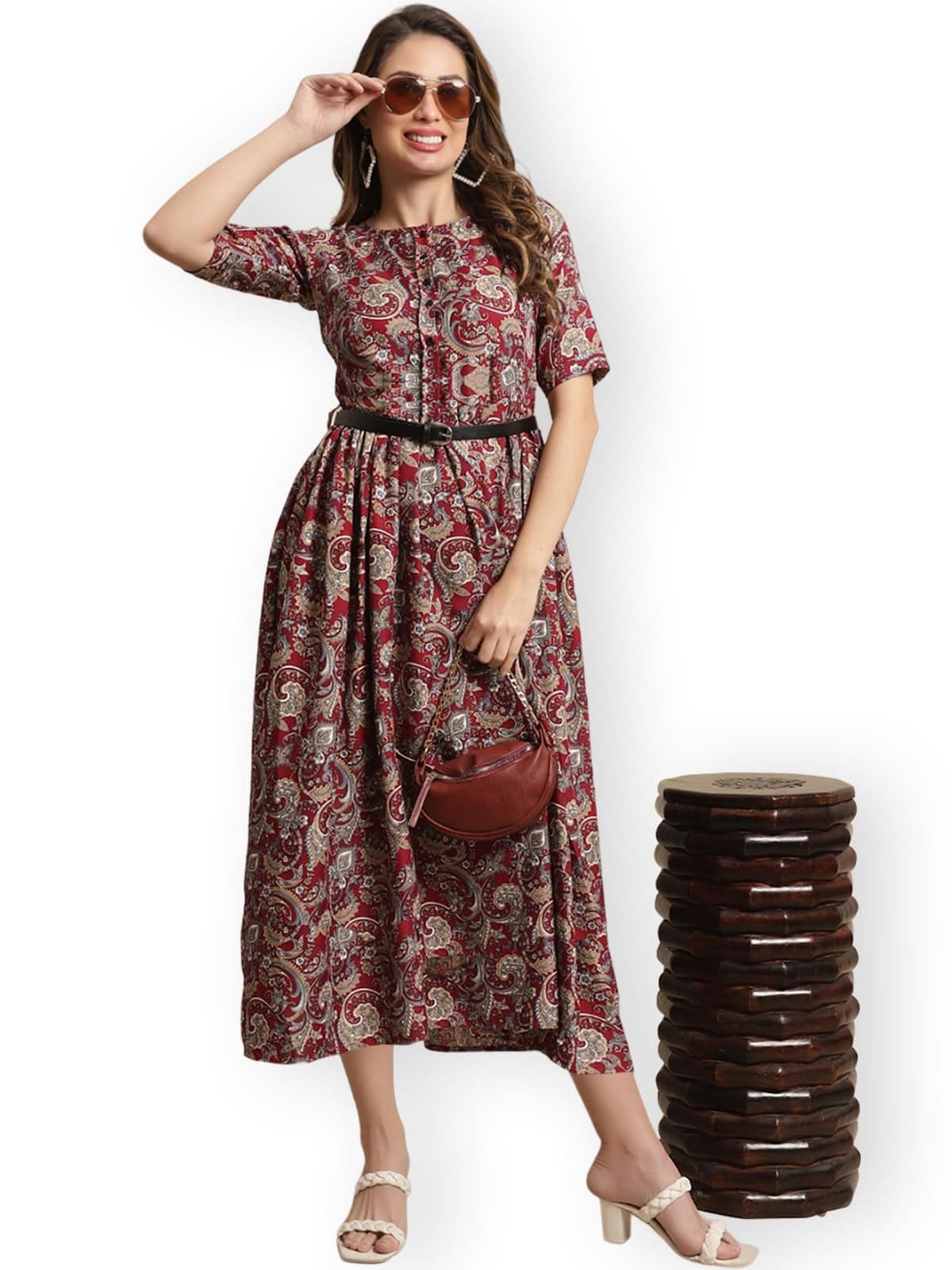 Preneum Women's Georgette Floral Printed 3/4 Slevees A-Line Fit & Flare Gown with Belt || Indo-Western Ethnic Gown || A-Line Maxi Dress Casual Wear, Red, 2XL
