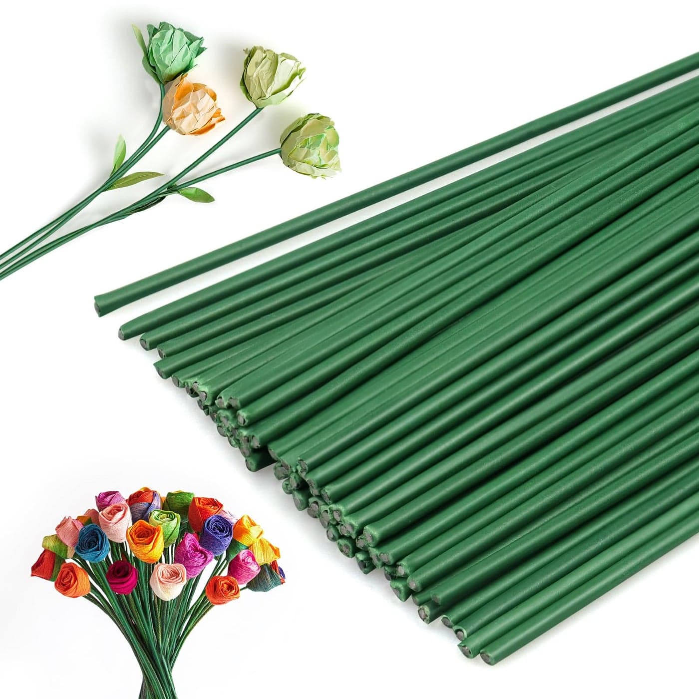 Catephe Floral Wire Stems 60 Pack Flower Stems 2 Gauge Green Floral Stem Wire for Paper Wrapped Wreath Making Supplies